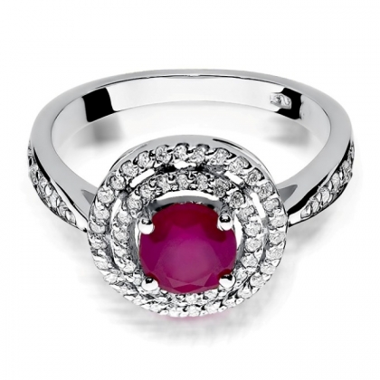 Pierścionek z Rubinem 1,20ct i Diamentami z białego złota próby 585. W-0274RB